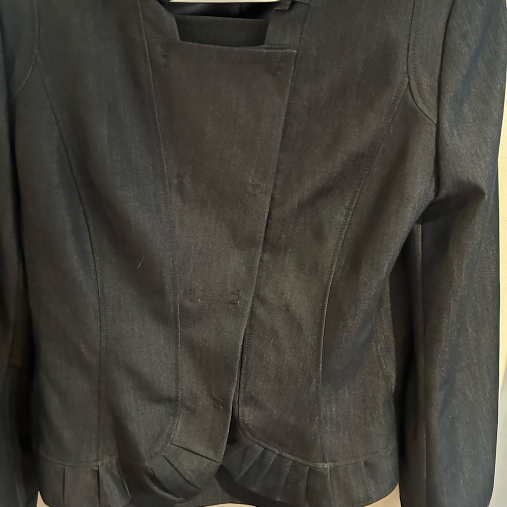 Tahari black ruffled 2 piece suit, skirt and jacket